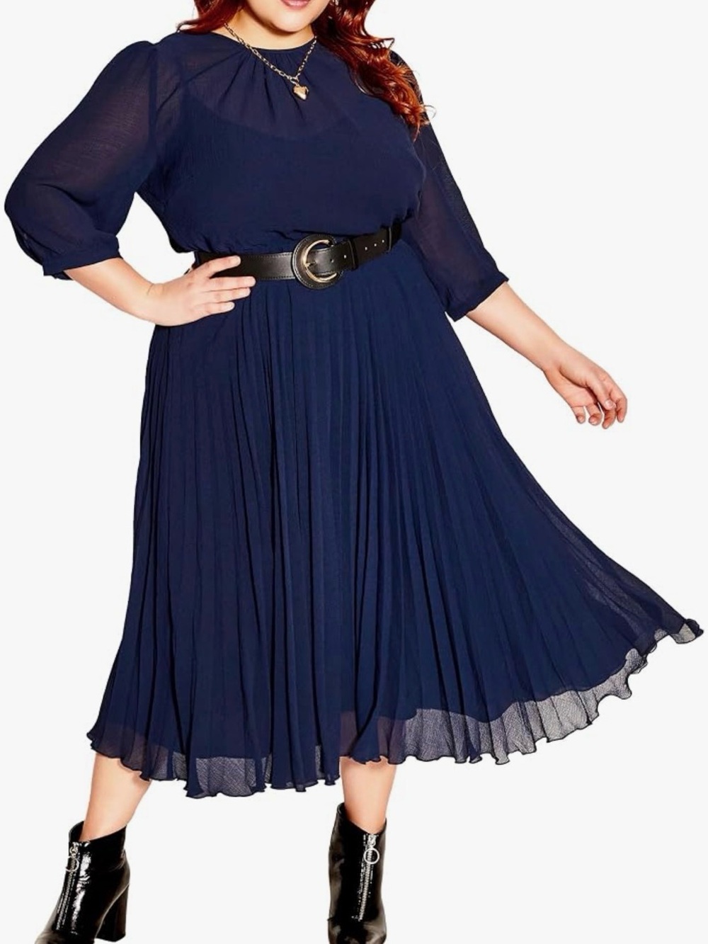 City Chic Plus Size Navy Pleated Midi Dress with Belt size 20